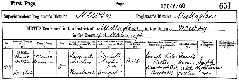 Birth Certificate of Marian Emma Sinton - 3 October 1880