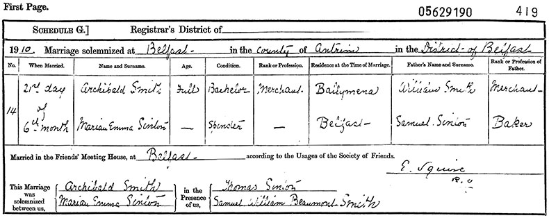 Marriage Certificate of Archibald Smith and Marian Emma Sinton - 21 June 1910