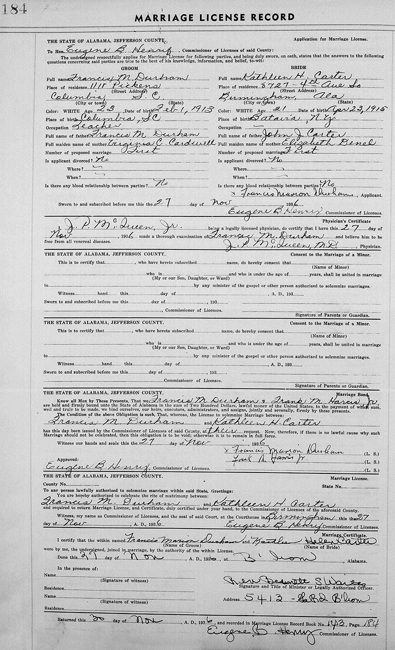 Marriage Certificate of Frank M. Durham and Kathleen H. Carter - 27 November 1936
