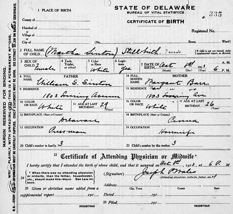 Birth Certificate of Martha Sinton - 8 October 1913