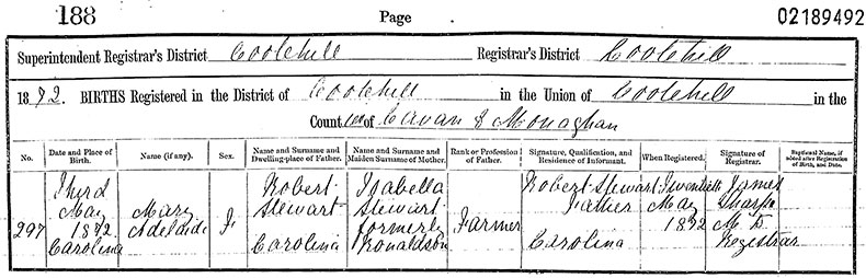 Birth Certificate of Mary Adelaide Stewart - 3 May 1872