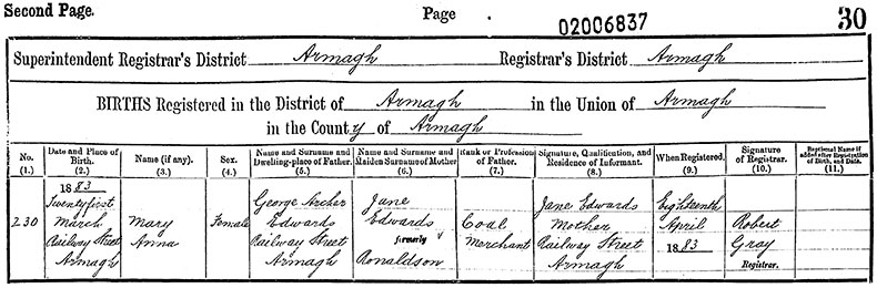 Birth Certificate of Mary Anna Edwards - 21 March 1883