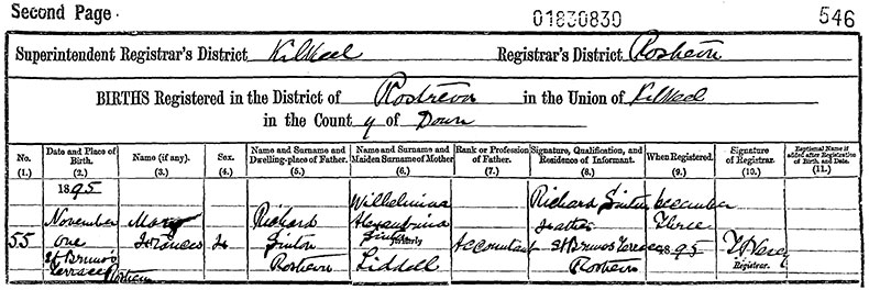 Birth Certificate of Mary Frances Sinton - 	1 November 1895