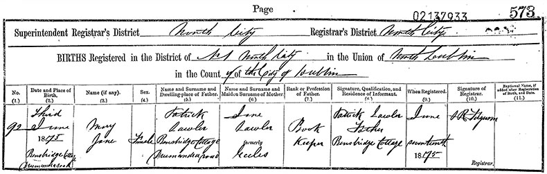 Birth Certificate of Mary Jane Lawler - 3 June 1875