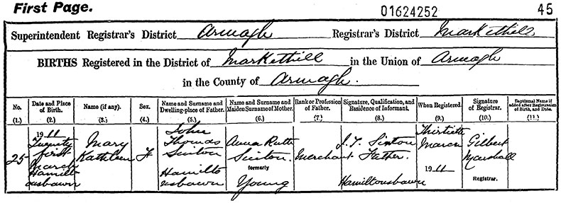 Birth Certificate of Mary Kathleen Sinton - 21 March 1911