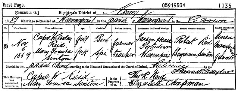 Marriage Certificate of Capel Wolseley Reid and Mary Louisa Sinton - 6 November 1889
