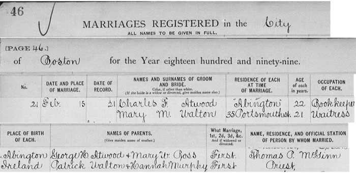 Marriage registration of Charles F. Atwood and Mary M. Walton