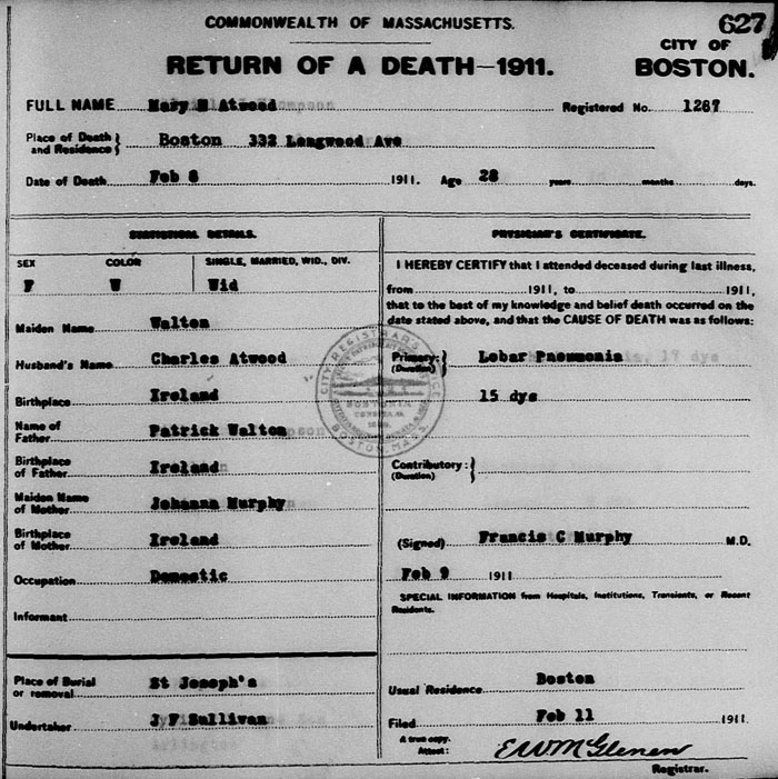 Death Certificate for Mary M. Atwood
