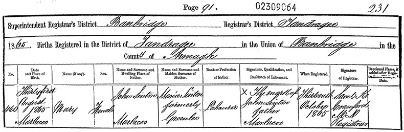Birth Certificate of Mary Sinton - 31 August 1865