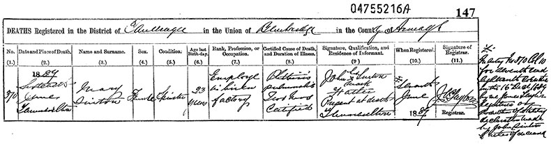 Death Certificate of Mary Sinton - 16 June 1889