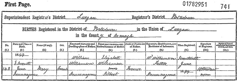 Birth Certificate of Mary Williamson - 11 June 1899