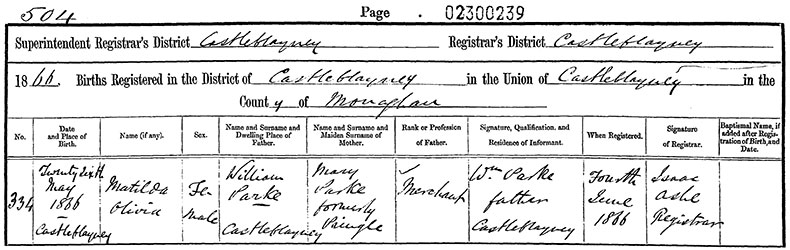 Birth Certificate of Matilda Olivia Parke - 26 May 1866