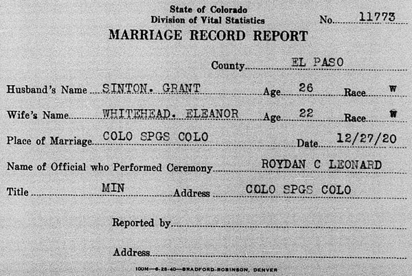 Marriage of Melvin Grant Sinton and Eleanor Whitehead on 27 December 1920