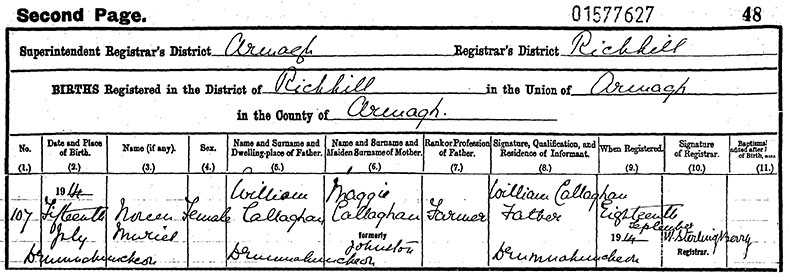 Birth Certificate of Noreen Muriel Callaghan - 15 July 1914