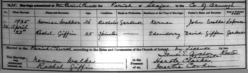 Marriage Certificate of Norman Walker and Rachel Giffin - 23 April 1935