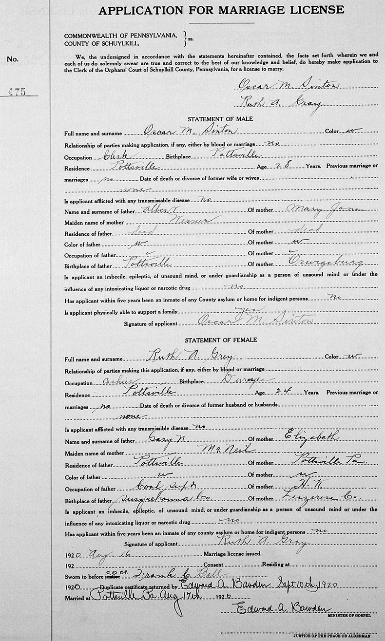 Marriage Certificate of Oscar Malvin Sinton and Ruth Amy Gray - 17 August 1920