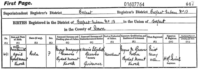 Birth Certificate of Perla Greeves - 14 April 1912