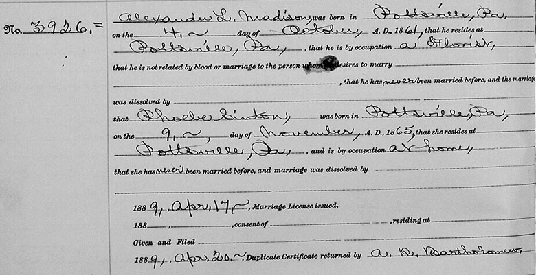 Marriage Certificate for Alexander L. Madison and Phoebe Sinton