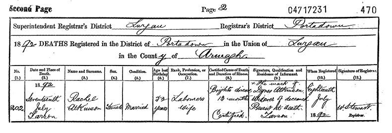 Death Certificate of Rachel Atkinson - 27 July 1892