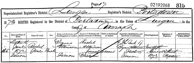 Birth Certificate of Rachel Jane Atkinson - 16 June 1872