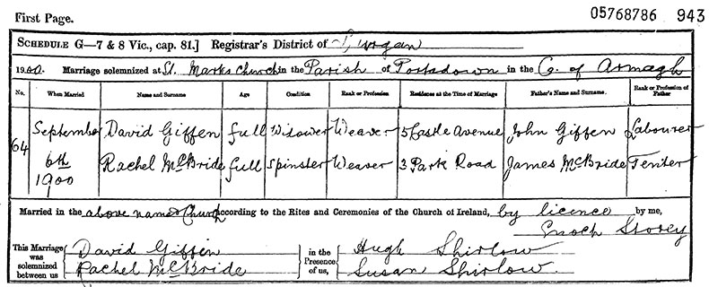 Marriage Certificate of David Giffin and Rachel McBride - 6 September 1900