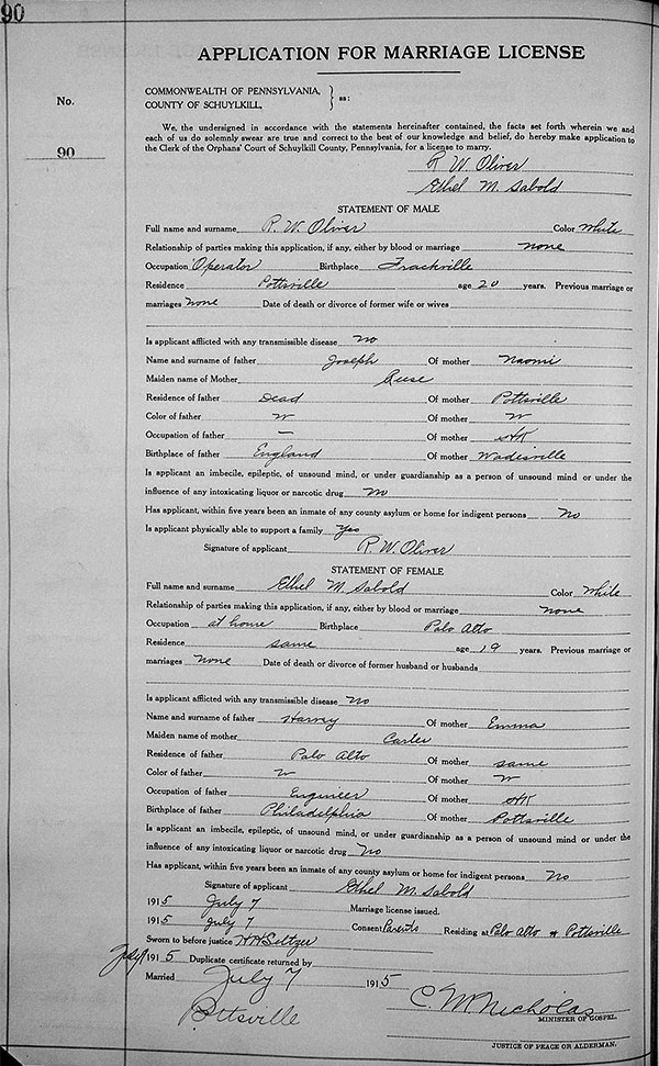 Marriage certificate of Ralph Oliver and Ethel Sabold
