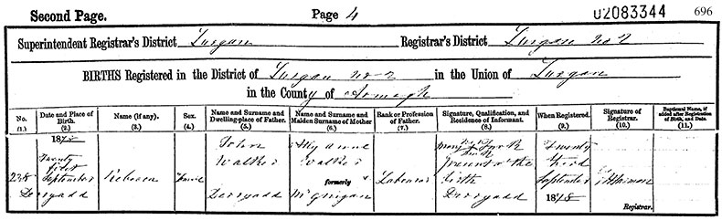 Birth Certificate of Rebecca Walker - 21 September 1878