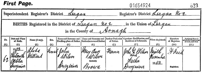 Birth Certificate of Rhoda Millicent Wilson - 13 October 1908