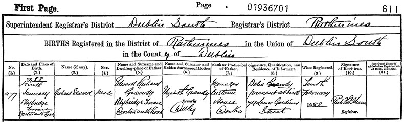 Birth Certificate of Richard Edward Grandy - 9 January 1888