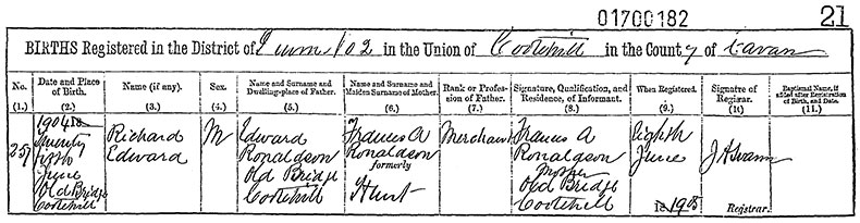 Birth Certificate of Richard Edward Ronaldson - 25 June 1904