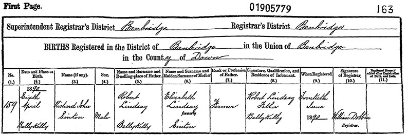 Birth Certificate of Richard John Sinton Lindsay - 6 April 1890