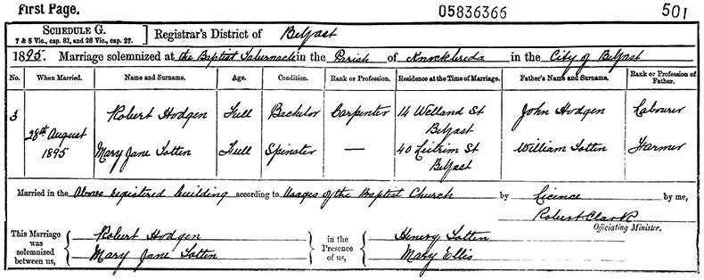 Marriage Certificate of Robert Hodgen and Mary Jane Totten - 	28 August 1895