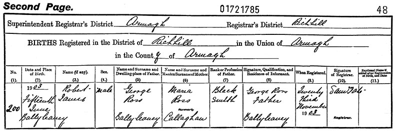 Birth Certificate of Robert James Ross - 15 June 1903