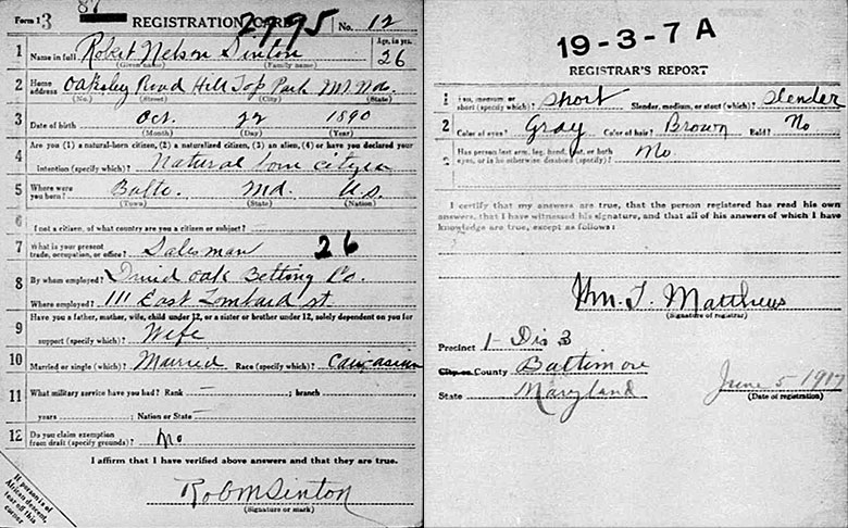 World War I Draft Registration of Robert Nelson Sinton Snr.