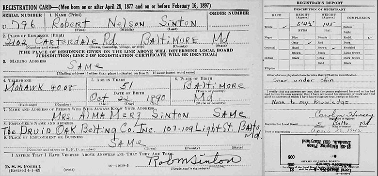 World War II Draft Registration of Robert Nelson Sinton Snr.