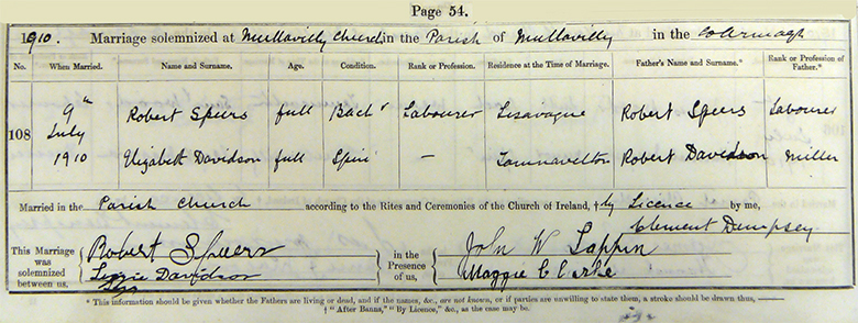 Marriage Certificate of Robert Speers and Elizabeth Davidson - 9 July 1910