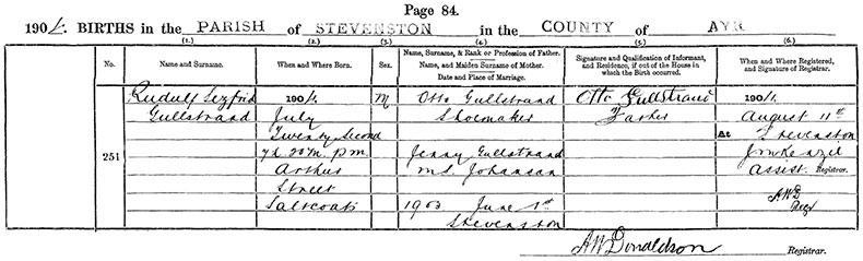 Birth Certificate of Rudolf Sigfrid Gullstrand - 22 July 1904