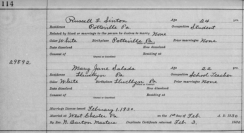 Marriage Registration of Russell Luis Sinton and Mary Jane Sallada - 1 February 1930