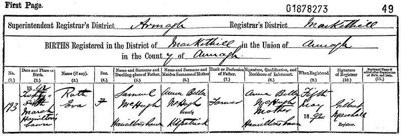 Birth Certificate of Ruth Eva McHugh - 26 March 1892