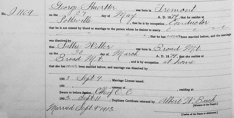 Marriage Registration of George Haertter and Sarah Weller - 9 September 1903