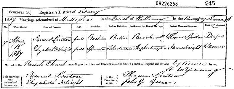 Marriage Certificate of Samuel Sinton and Elizabeth Wright - 18 April 1867