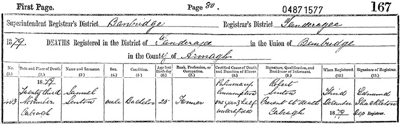 Death Certificate of Samuel Sinton - 23 November 1879