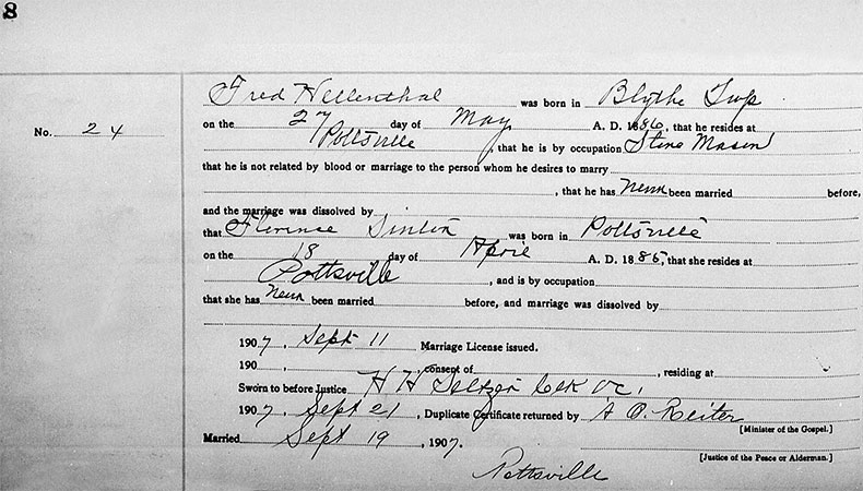 Marriage Registration of Frederick P. Hellenthal and Sarah Florence Sinton - 19 September 1907