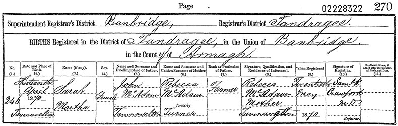 Birth Certificate of Sarah Martha McAdamn - 13 April 1870