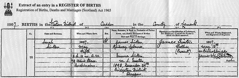 Birth Certificate of Sarah Sinton - 5 May 1907