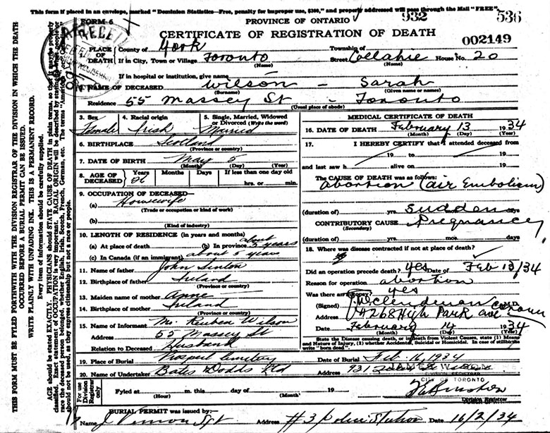 Death Certificate of Sarah Sinton Wilson 1907 - 1934