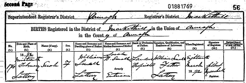Birth Certificate of Sarah Small - 19 February 1892