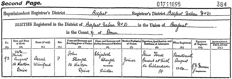 Birth Certificate of Sarah Winifred Sharpe - 3 August 1904