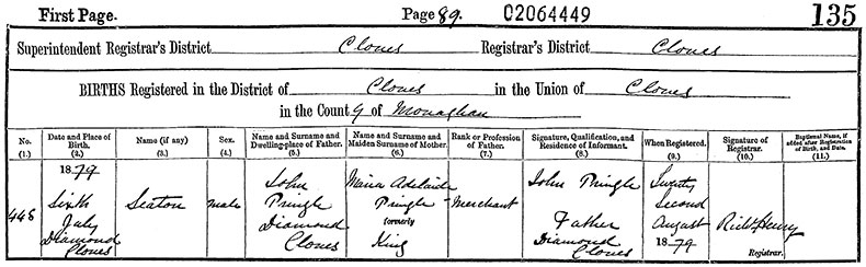 Birth Certificate of Seton Sydney Pringle - 6 July 1879