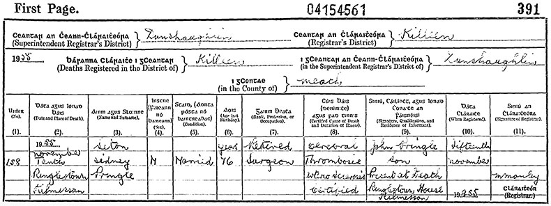 Death Certificate of Seton Sydney Pringle - 10 November 1955